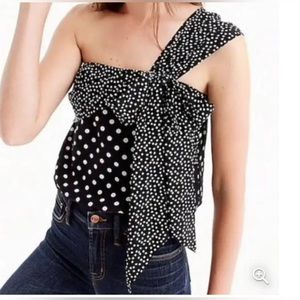 J.Crew Silk One-shoulder Bow Top in Polka Dot Black Ivory